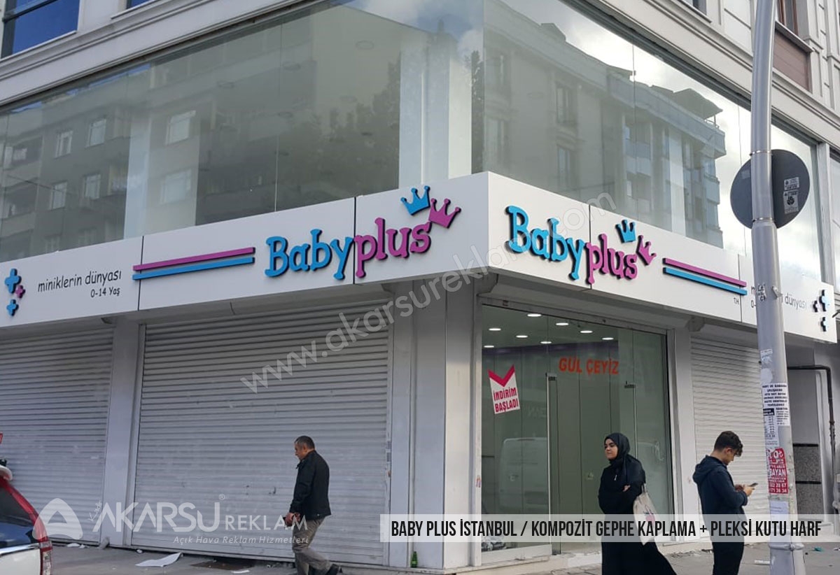 BabyPlus / İstanbul - Kompozit Cephe Kaplama ve Ön Yüz Pleksi, Yan Bant Alüminyum Kutu Harf Tabela Çalışması