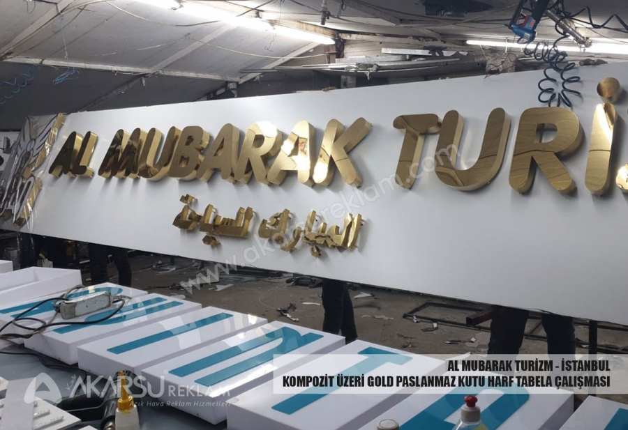Al Mubarak Turizm - Kompozit Üzeri Gold Paslanmaz Kutu Harf Tabela Çalışması