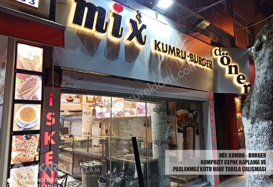 Mix Kumru burger / İstanbul - Kompozit Cephe Kaplama, Paslanmaz Kutu Harf ve Dijital Baskı